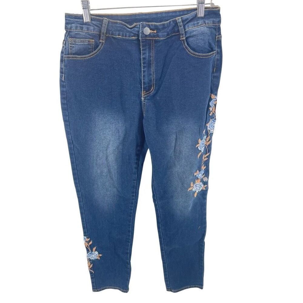 Shein NEW Women's Floral Embroidered Stretch Denim Skinny Jeans Dark Wash Blue X